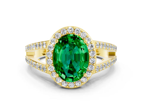 Yellow gold Oval Cut Emerald Halo Ring with Split Shank U-Prong Band and Four-Prong Setting