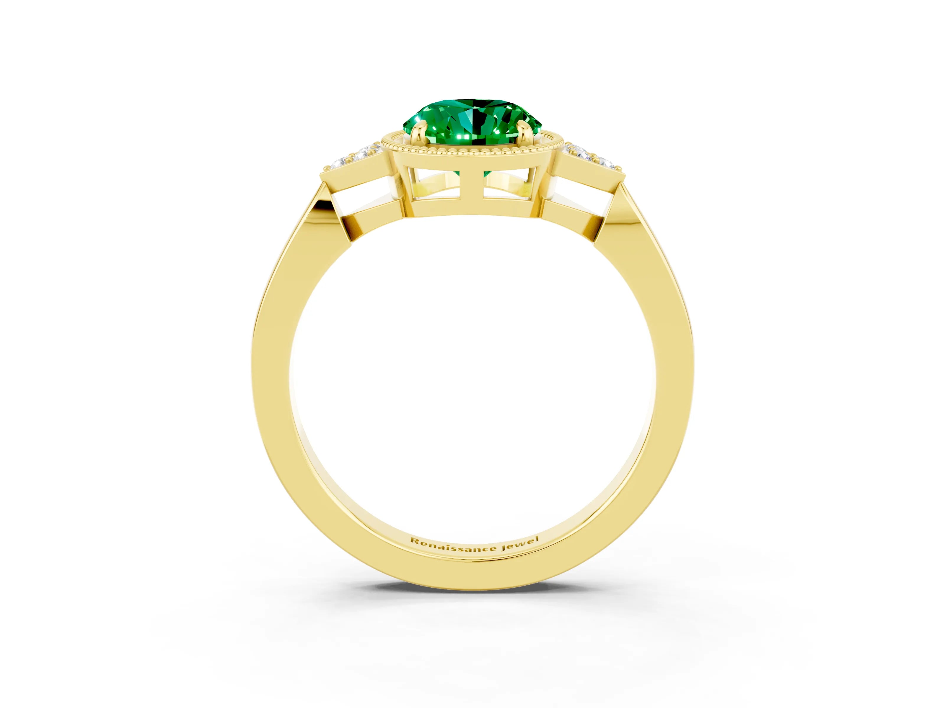 Yellow gold Oval Cut Emerald Halo Ring with Tapered Band and Four-Prong Setting_3
