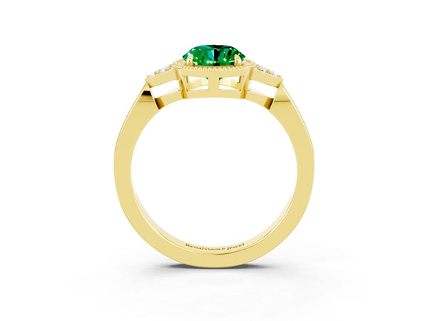 Yellow gold Oval Cut Emerald Halo Ring with Tapered Band and Four-Prong Setting