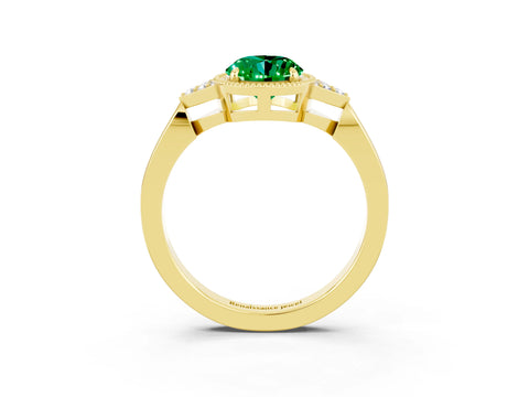 Yellow gold Oval Cut Emerald Halo Ring with Tapered Band and Four-Prong Setting_3