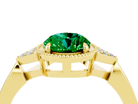 Yellow gold Oval Cut Emerald Halo Ring with Tapered Band and Four-Prong Setting_4