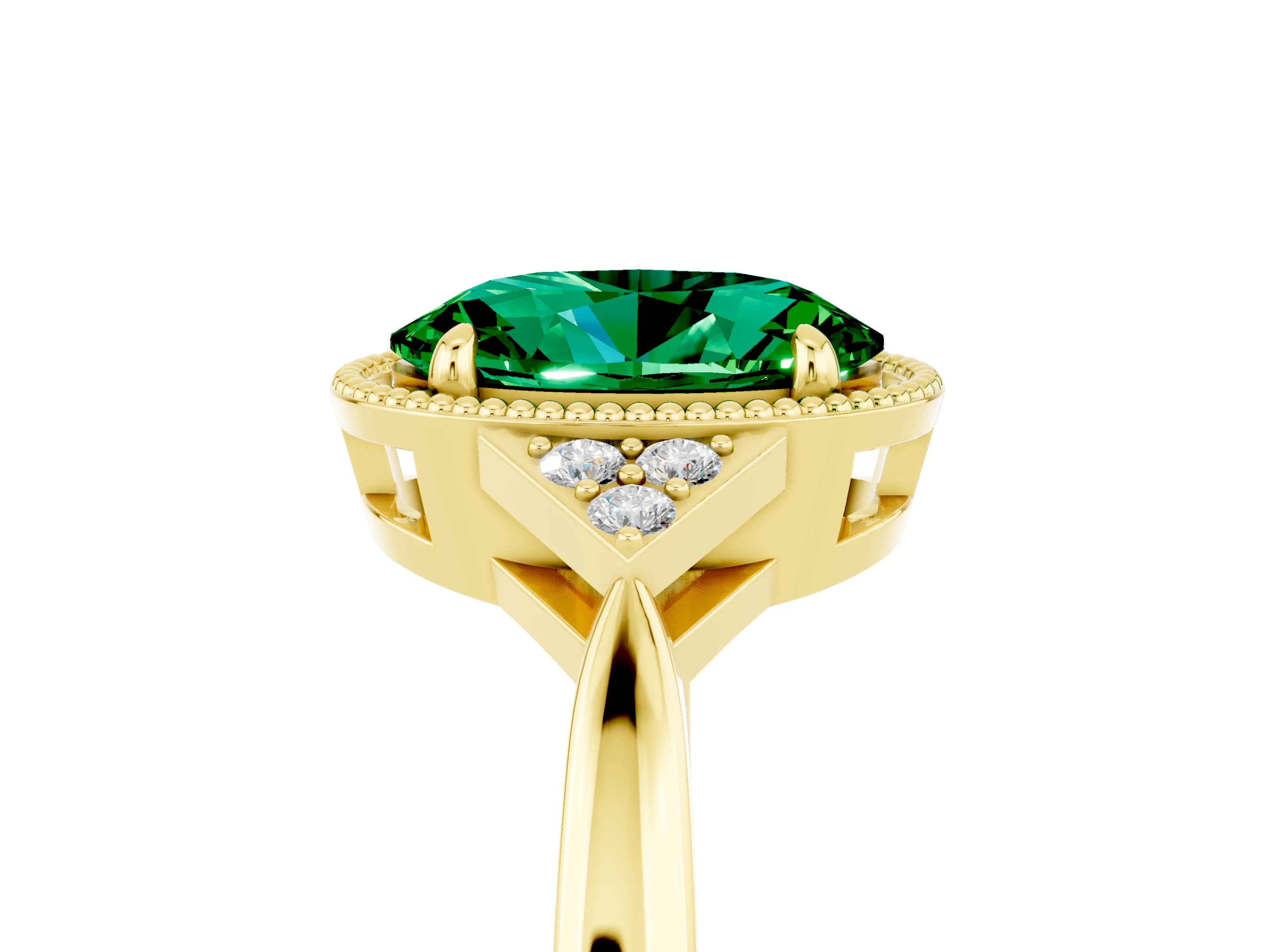 Yellow gold Oval Cut Emerald Halo Ring with Tapered Band and Four-Prong Setting_5