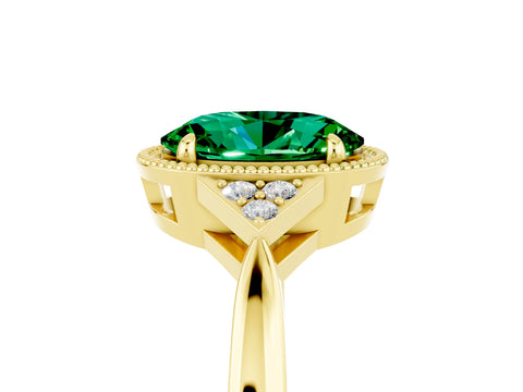 Yellow gold Oval Cut Emerald Halo Ring with Tapered Band and Four-Prong Setting_5