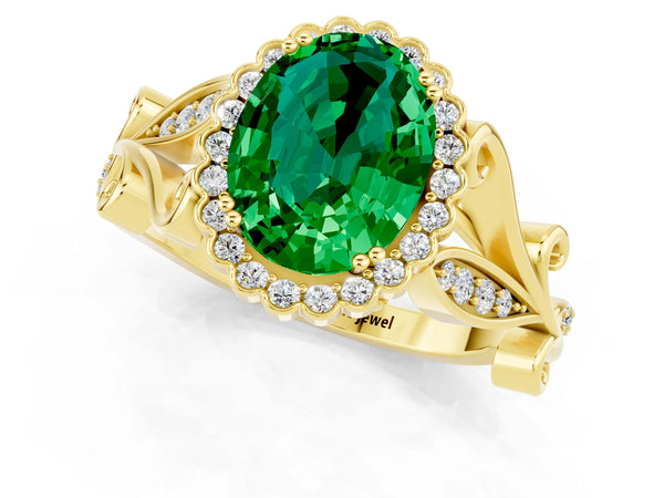 Yellow gold Oval Cut Emerald Halo Ring with Vintage Split Shank and Four-Prong Setting