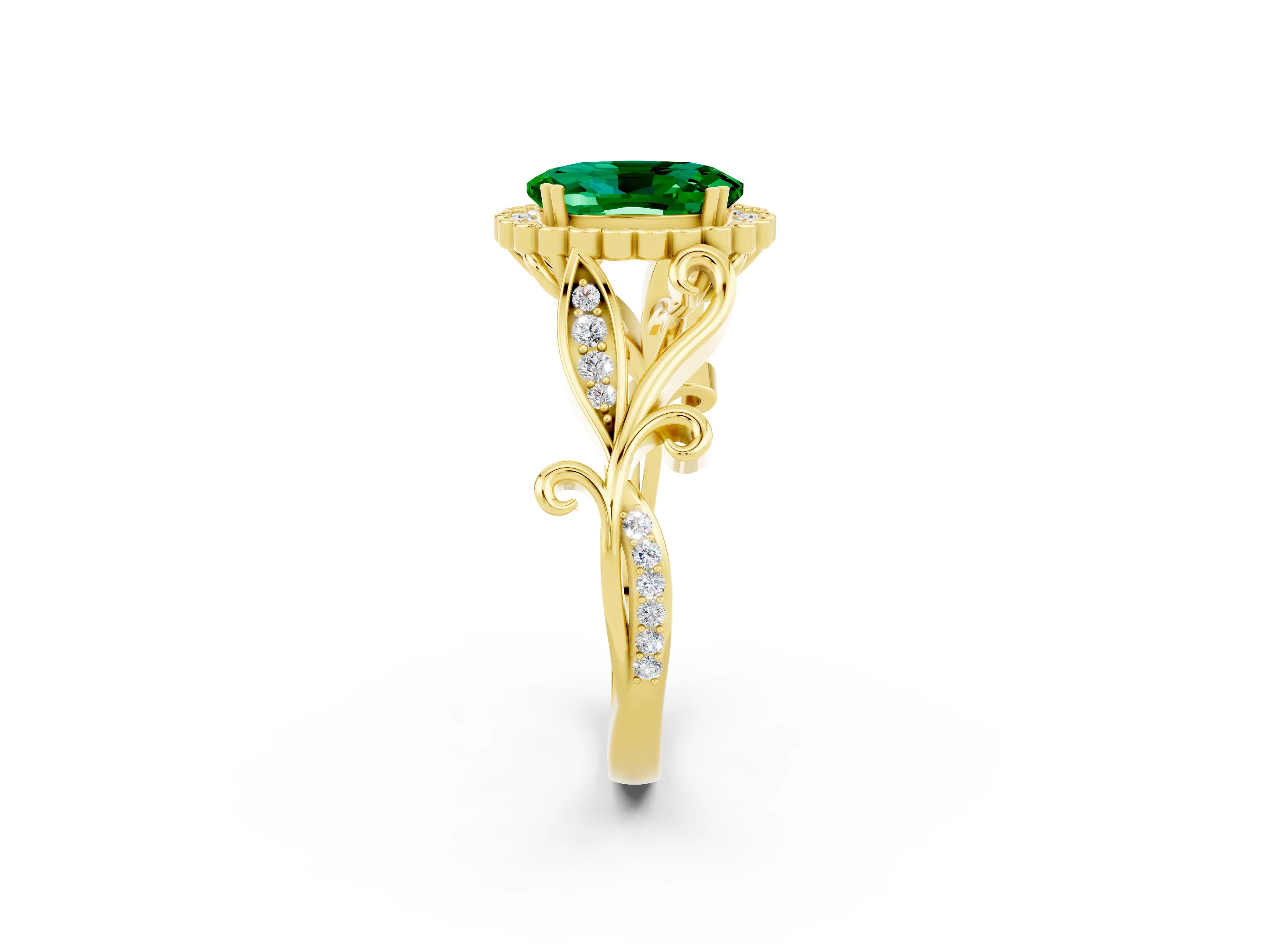 Yellow gold Oval Cut Emerald Halo Ring with Vintage Split Shank and Four-Prong Setting_2