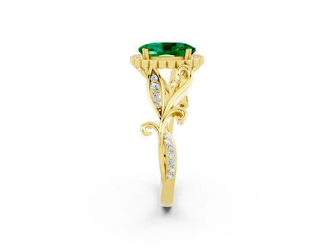 Yellow gold Oval Cut Emerald Halo Ring with Vintage Split Shank and Four-Prong Setting_2