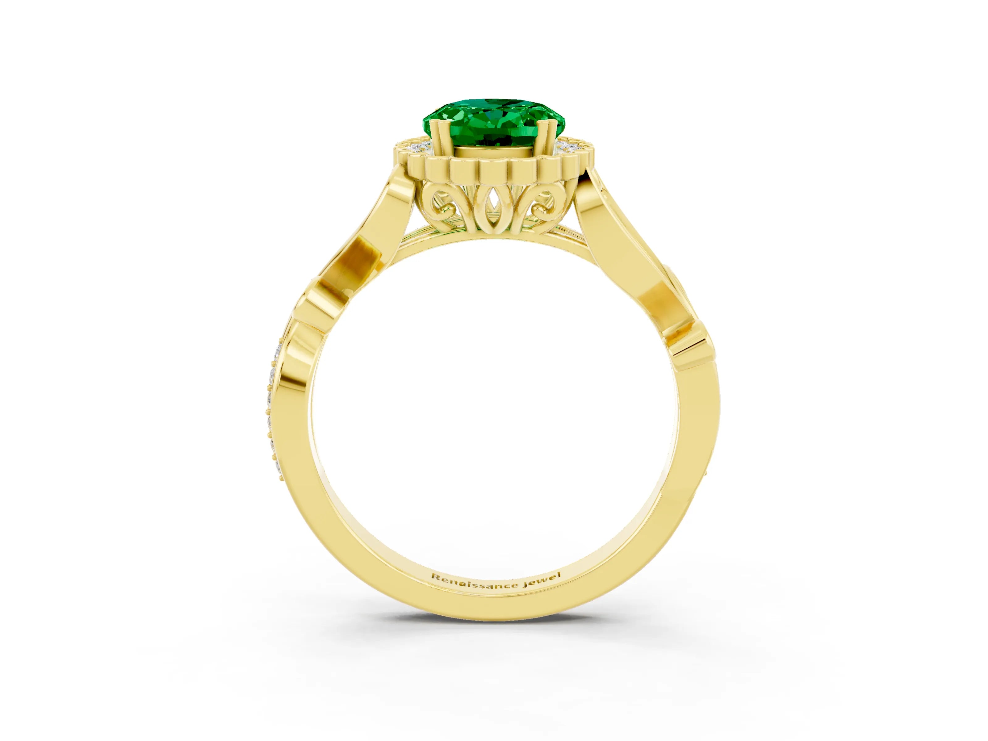 Yellow gold Oval Cut Emerald Halo Ring with Vintage Split Shank and Four-Prong Setting_3