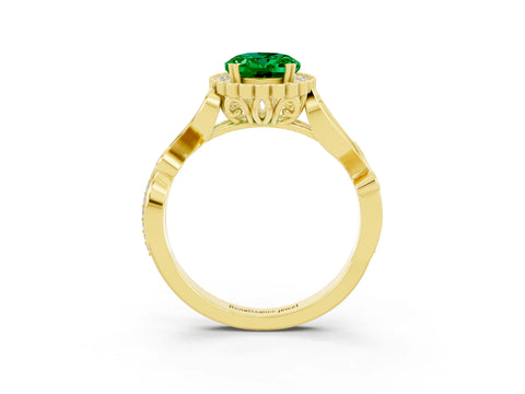 Yellow gold Oval Cut Emerald Halo Ring with Vintage Split Shank and Four-Prong Setting_3