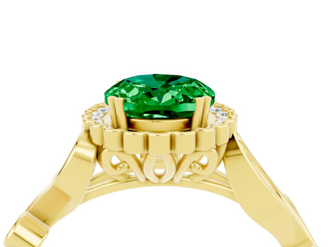 Yellow gold Oval Cut Emerald Halo Ring with Vintage Split Shank and Four-Prong Setting_4