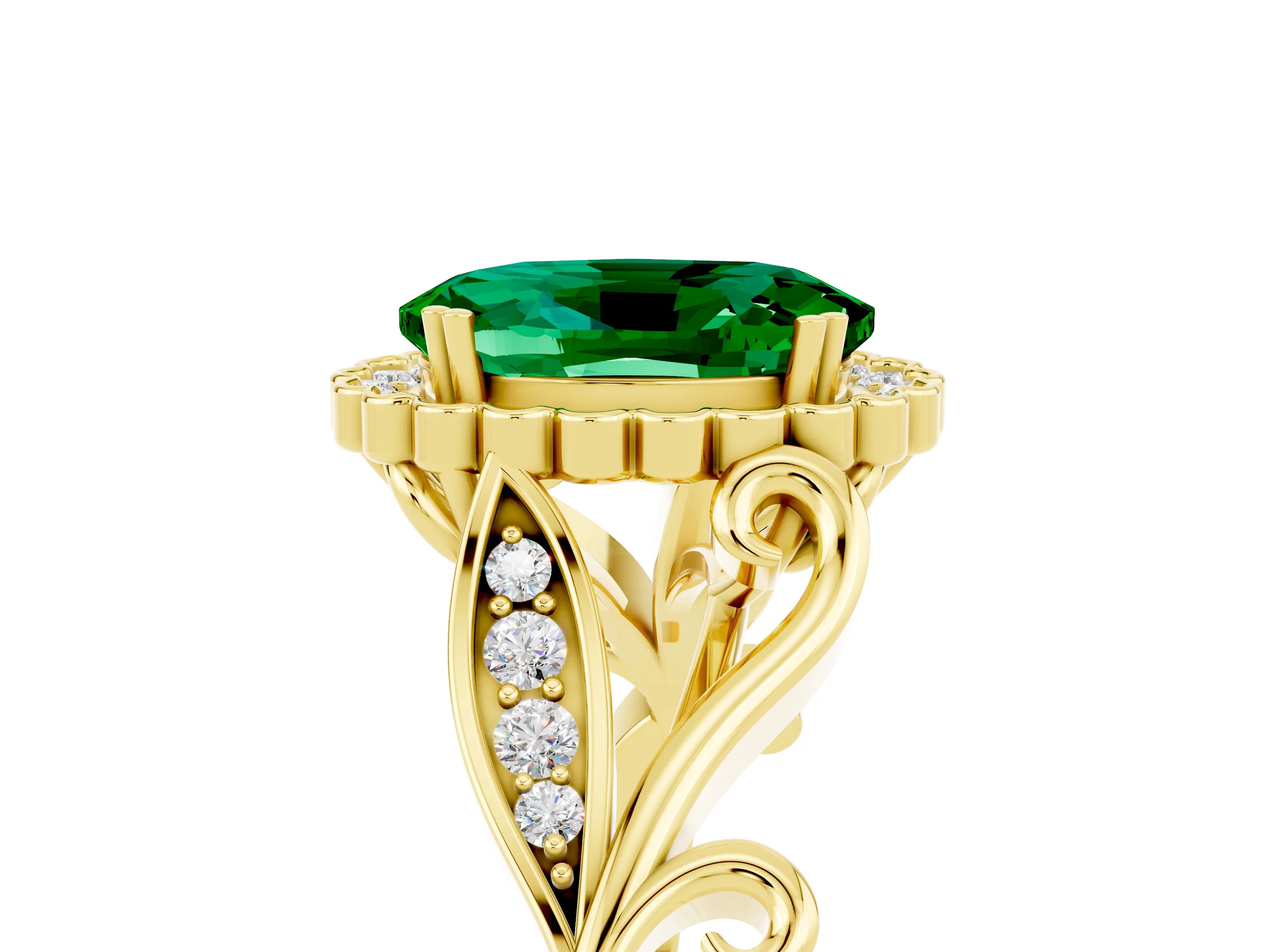 Yellow gold Oval Cut Emerald Halo Ring with Vintage Split Shank and Four-Prong Setting_5