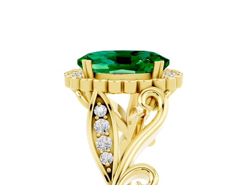 Yellow gold Oval Cut Emerald Halo Ring with Vintage Split Shank and Four-Prong Setting_5