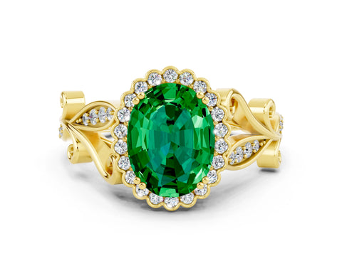 Yellow gold Oval Cut Emerald Halo Ring with Vintage Split Shank and Four-Prong Setting