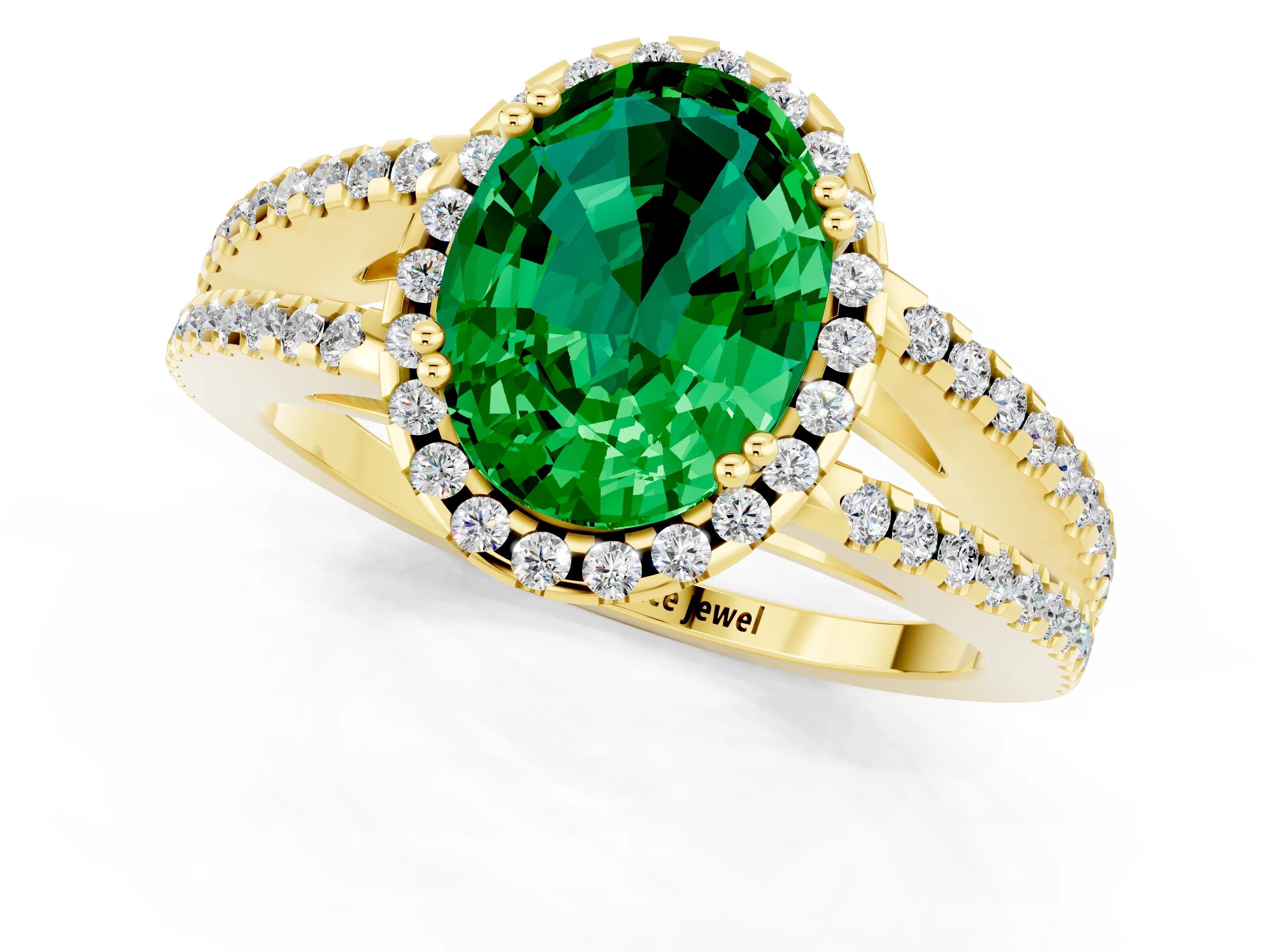 Yellow gold Oval Cut Emerald Halo Split Shank Engagement Ring_13
