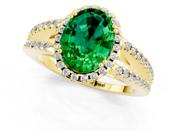 Yellow gold Oval Cut Emerald Halo Split Shank Engagement Ring