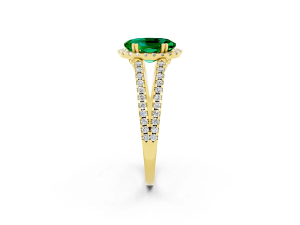 Yellow gold Oval Cut Emerald Halo Split Shank Engagement Ring