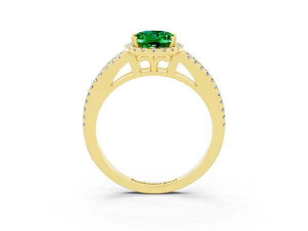 Yellow gold Oval Cut Emerald Halo Split Shank Engagement Ring