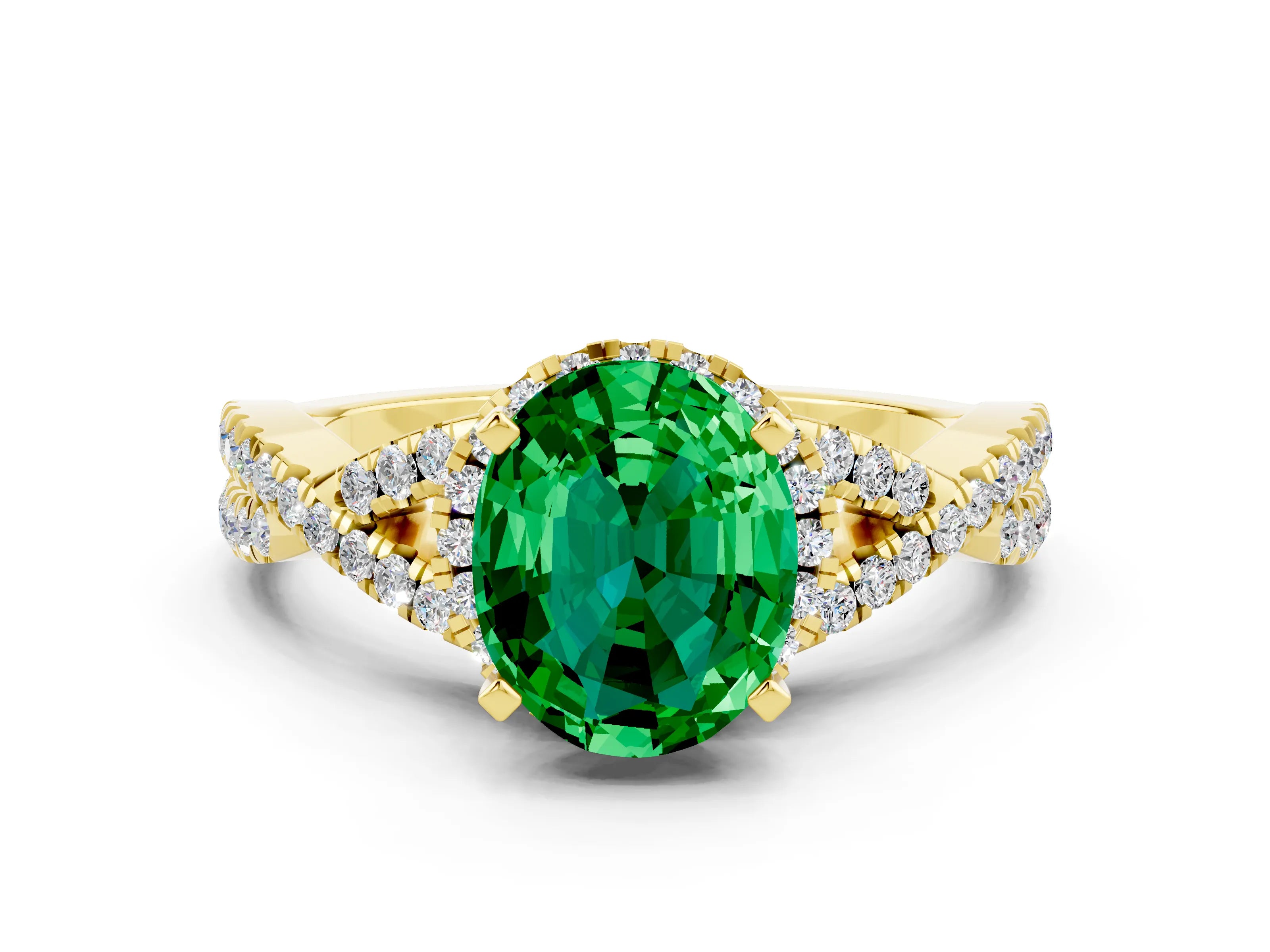 Yellow gold Oval Cut Emerald Halo Twist Band Solitaire Prong Setting Ring