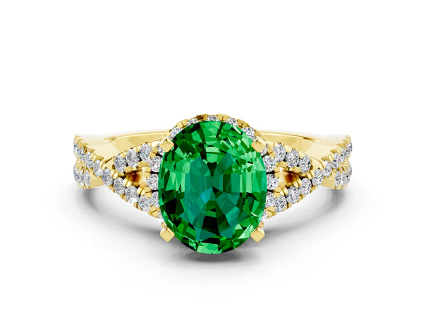 Yellow gold Oval Cut Emerald  Halo Twist Band Solitaire Prong Setting Ring