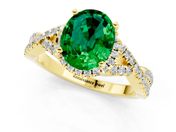Yellow gold Oval Cut Emerald  Halo Twist Band Solitaire Prong Setting Ring
