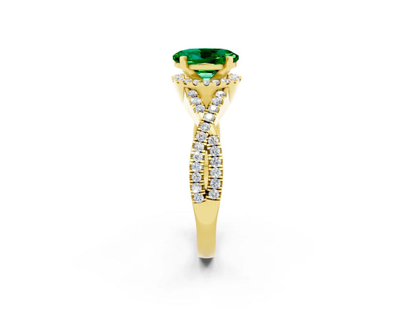 Yellow gold Oval Cut Emerald  Halo Twist Band Solitaire Prong Setting Ring
