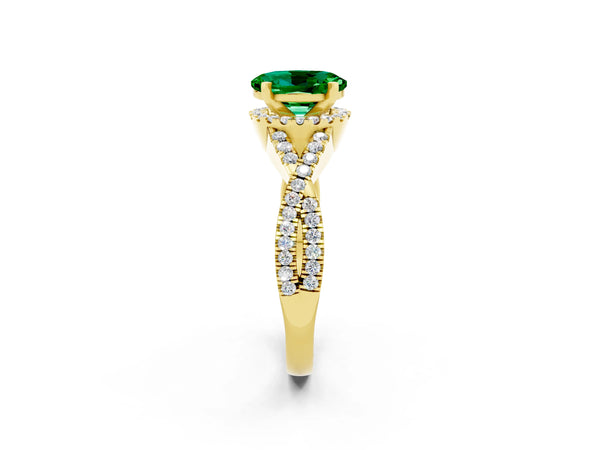 Yellow gold Oval Cut Emerald  Halo Twist Band Solitaire Prong Setting Ring