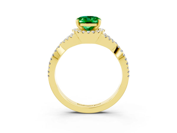 Yellow gold Oval Cut Emerald  Halo Twist Band Solitaire Prong Setting Ring