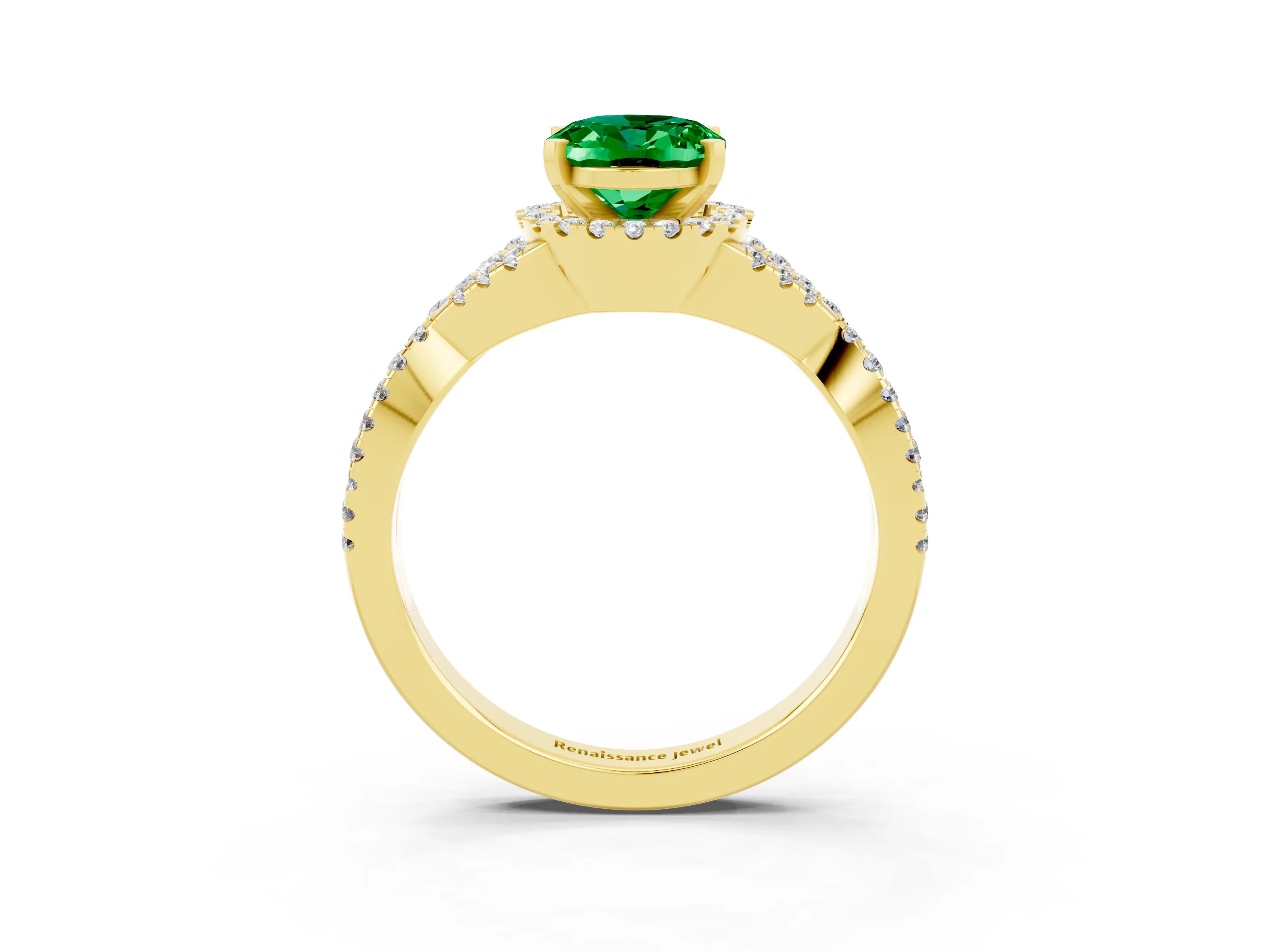 Yellow gold Oval Cut Emerald Halo Twist Band Solitaire Prong Setting Ring_3