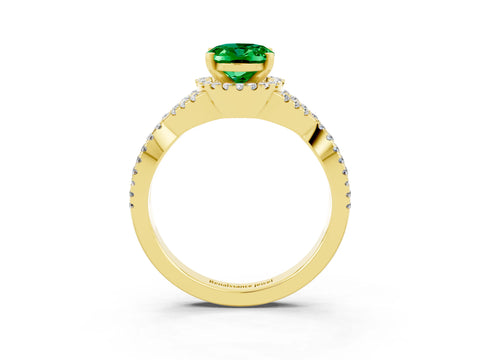 Yellow gold Oval Cut Emerald Halo Twist Band Solitaire Prong Setting Ring_3