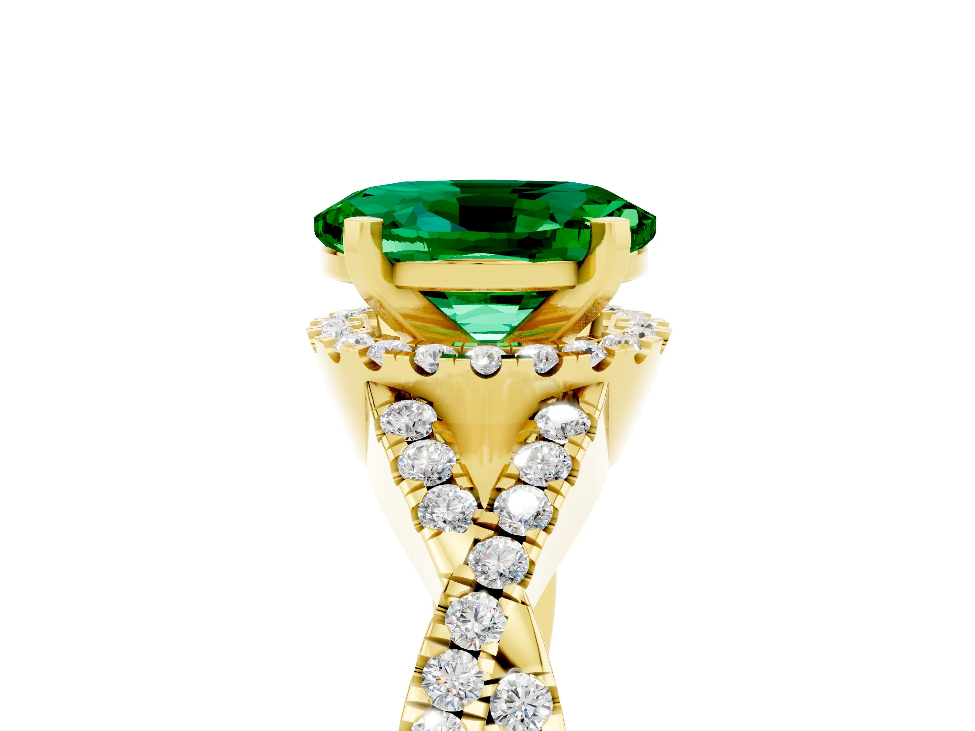 Yellow gold Oval Cut Emerald Halo Twist Band Solitaire Prong Setting Ring_5