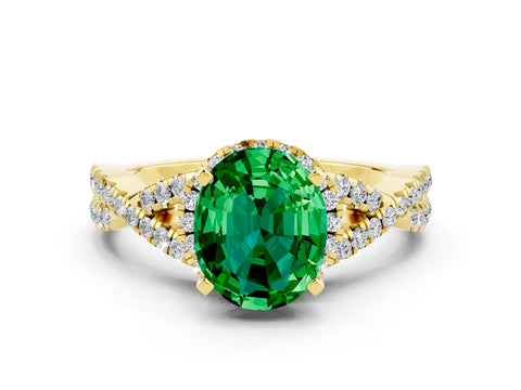 Yellow gold Oval Cut Emerald Halo Twist Band Solitaire Prong Setting Ring