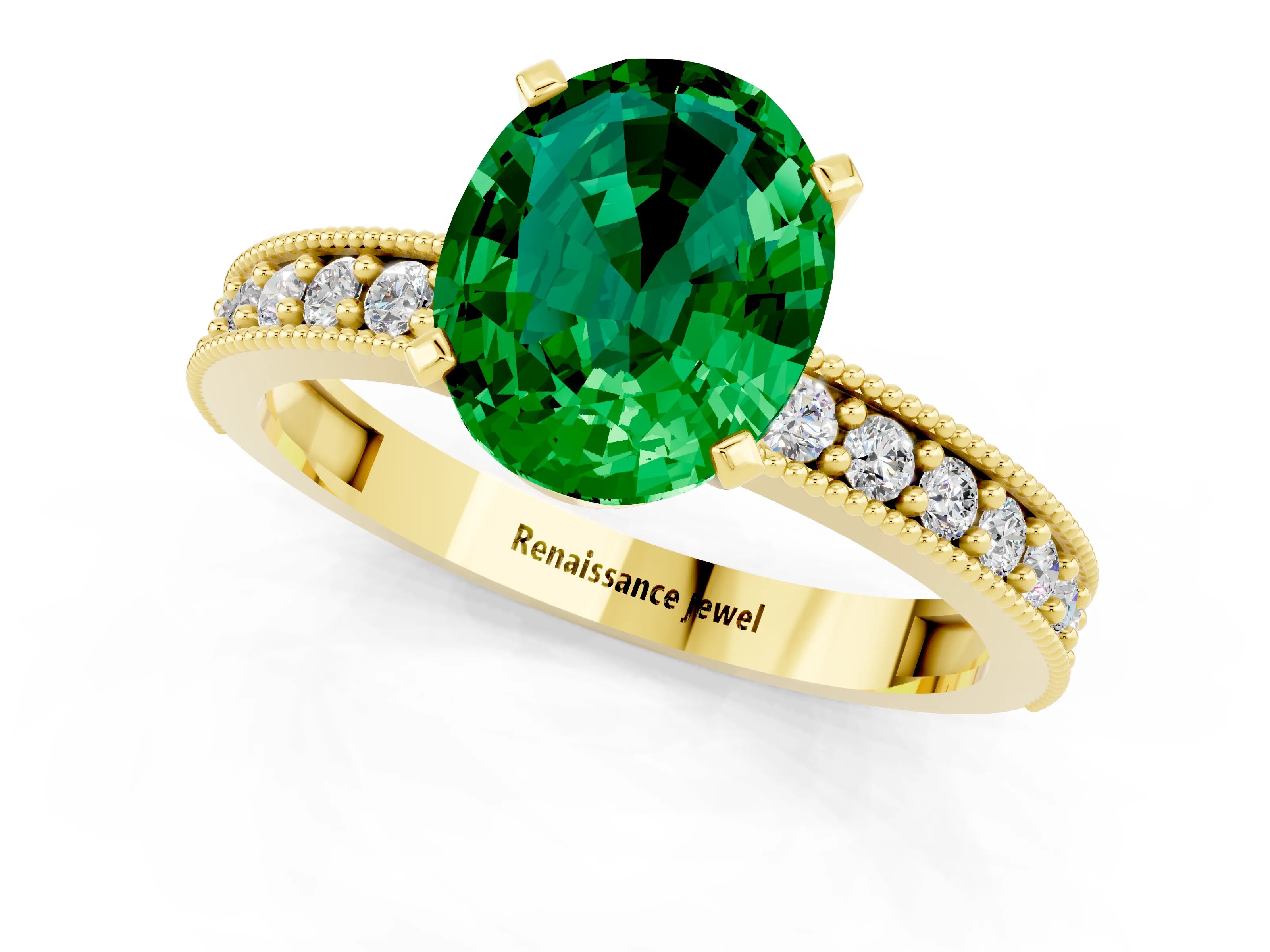 Yellow gold Oval Cut Emerald Milgrain Pavé Engagement Ring with Four-Prong Setting_13