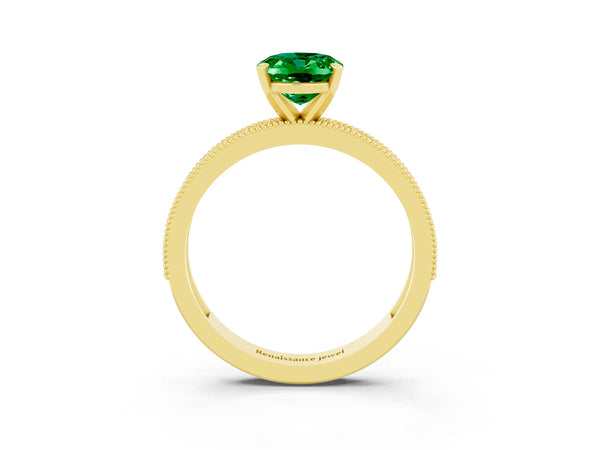 Yellow gold Oval Cut Emerald Milgrain Pavé Engagement Ring with Four-Prong Setting