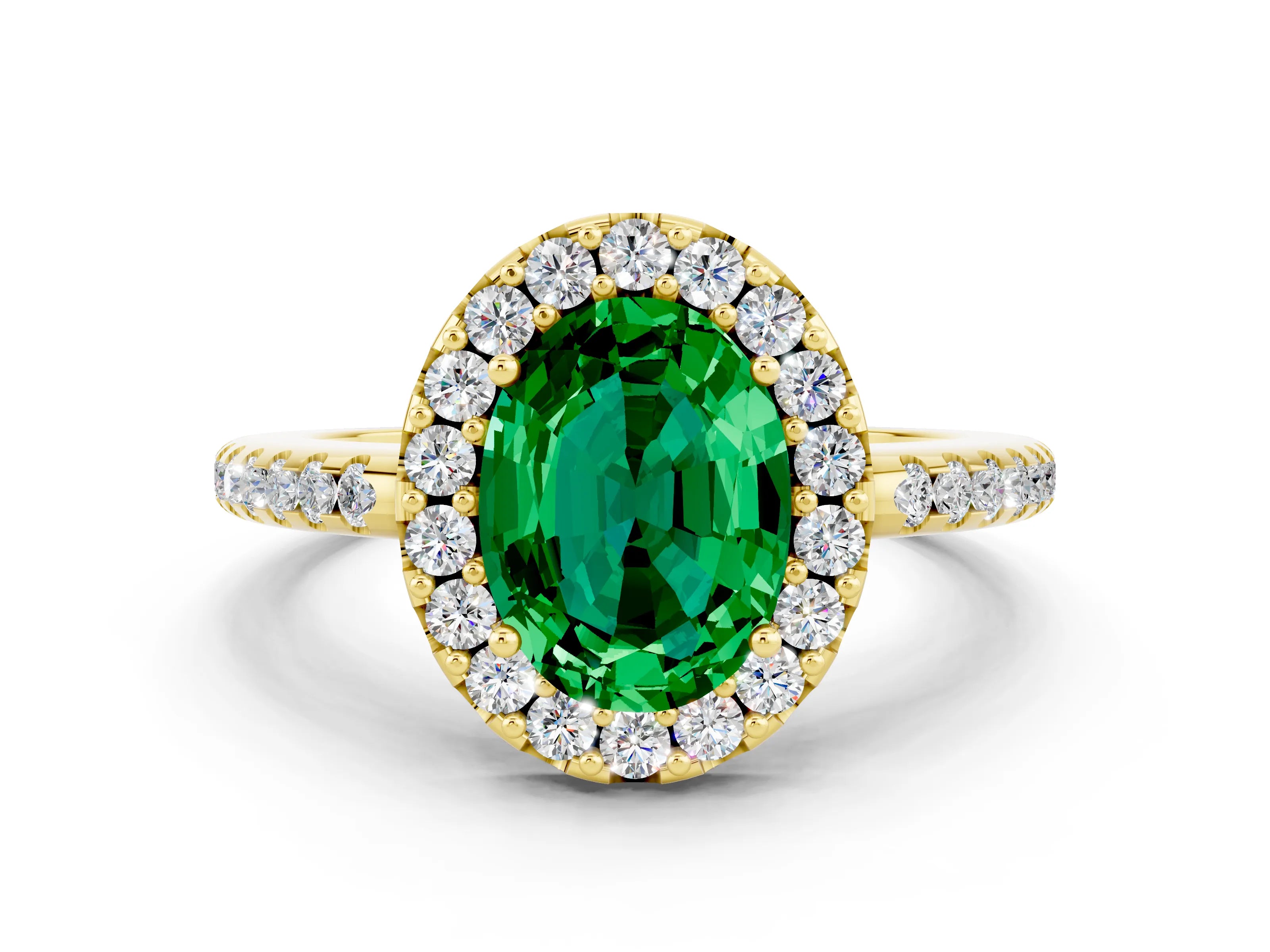 Yellow gold Oval Cut Emerald Pavé Halo Ring with Four-Prong Setting_12