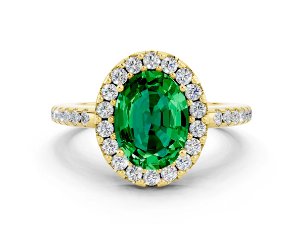 Yellow gold Oval Cut Emerald Pavé Halo Ring with Four-Prong Setting