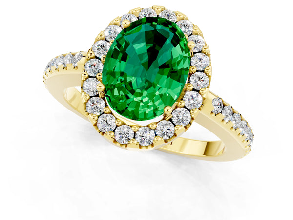 Yellow gold Oval Cut Emerald Pavé Halo Ring with Four-Prong Setting