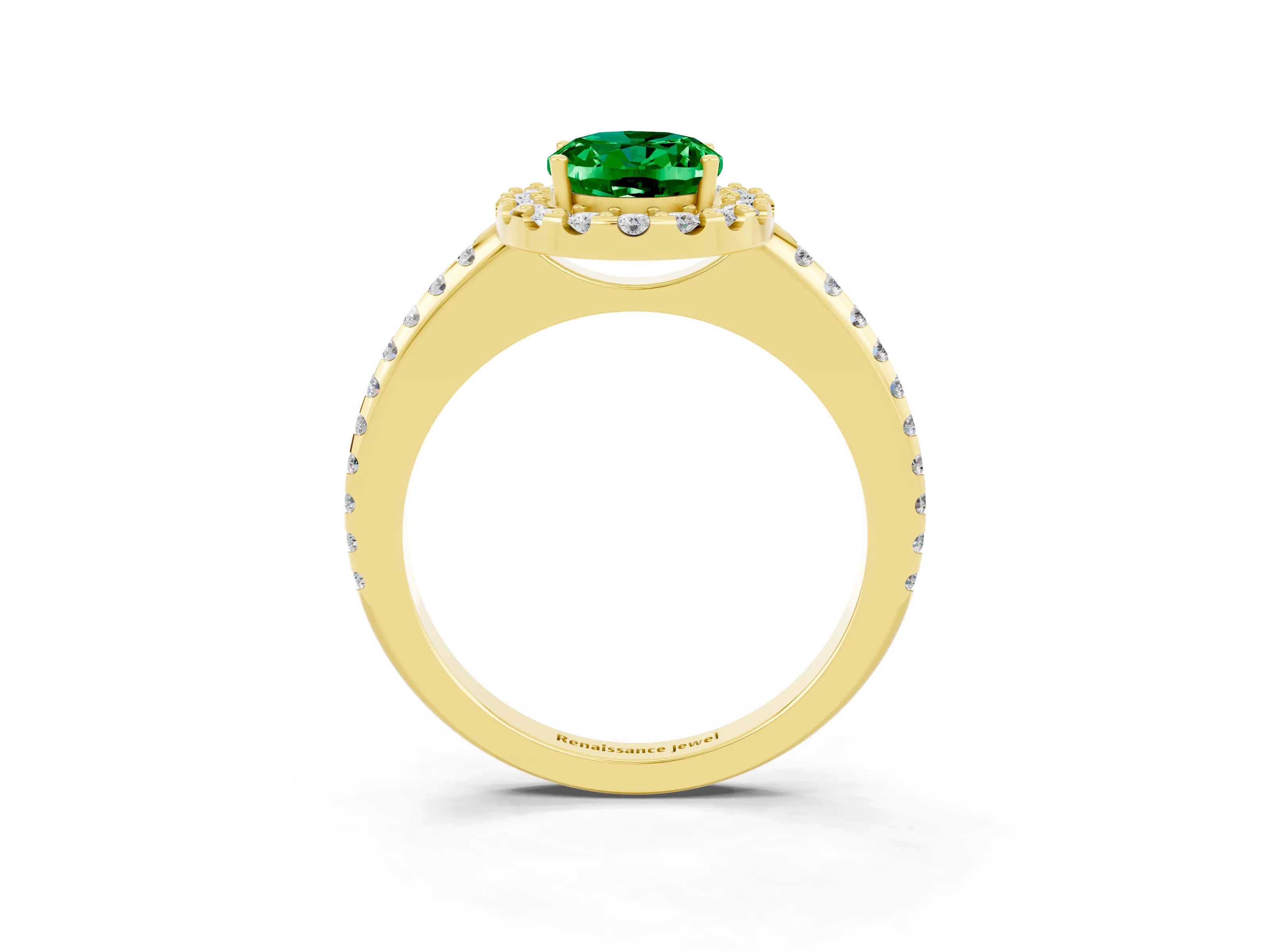 Yellow gold Oval Cut Emerald Pavé Halo Ring with Four-Prong Setting_15