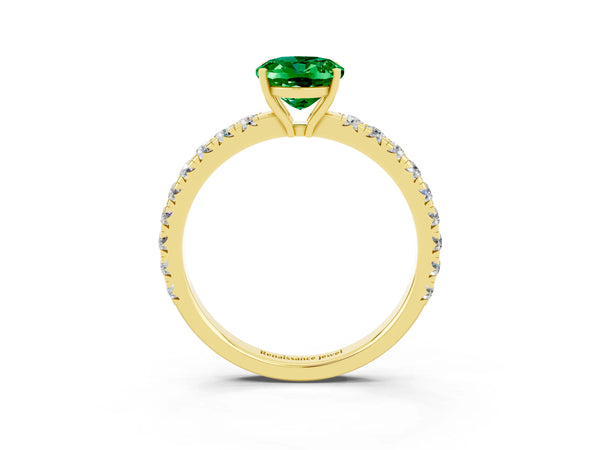 Yellow gold Oval Cut Emerald Pavé Solitaire Engagement Ring with Four-Prong Setting