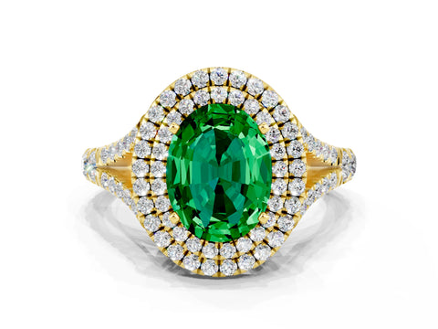 Yellow gold Oval Cut Emerald Pavé Split Shank Double Halo Engagement Ring