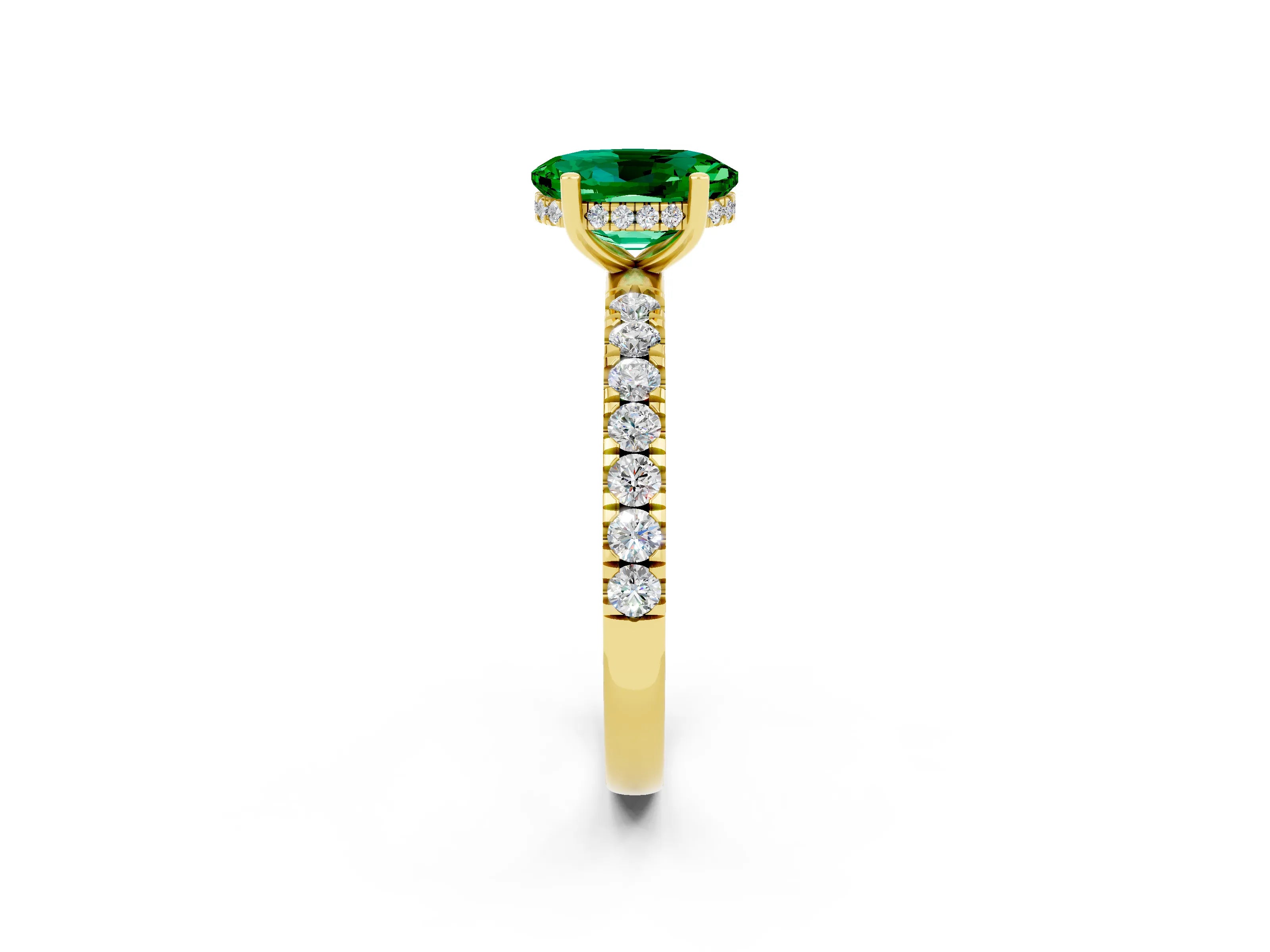 Yellow gold Oval Cut Emerald Pave Band Solitaire Ring with Four-Prong Setting_26