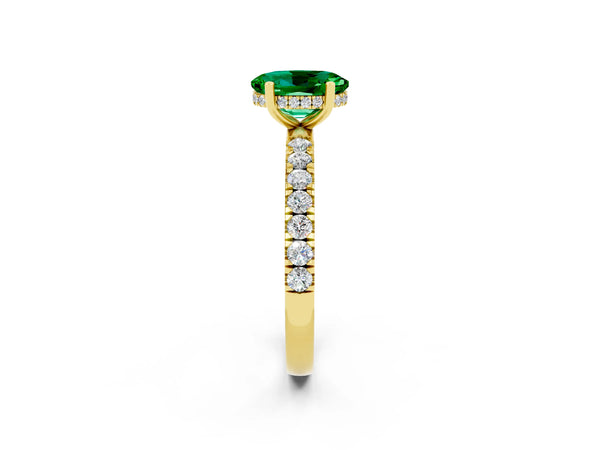 Yellow gold Oval Cut Emerald Pave Band Solitaire Ring with Round  and Prong Setting