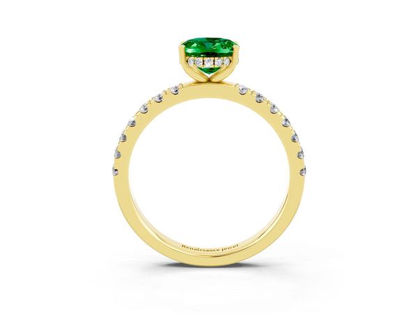 Yellow gold Oval Cut Emerald Pave Band Solitaire Ring with Round  and Prong Setting