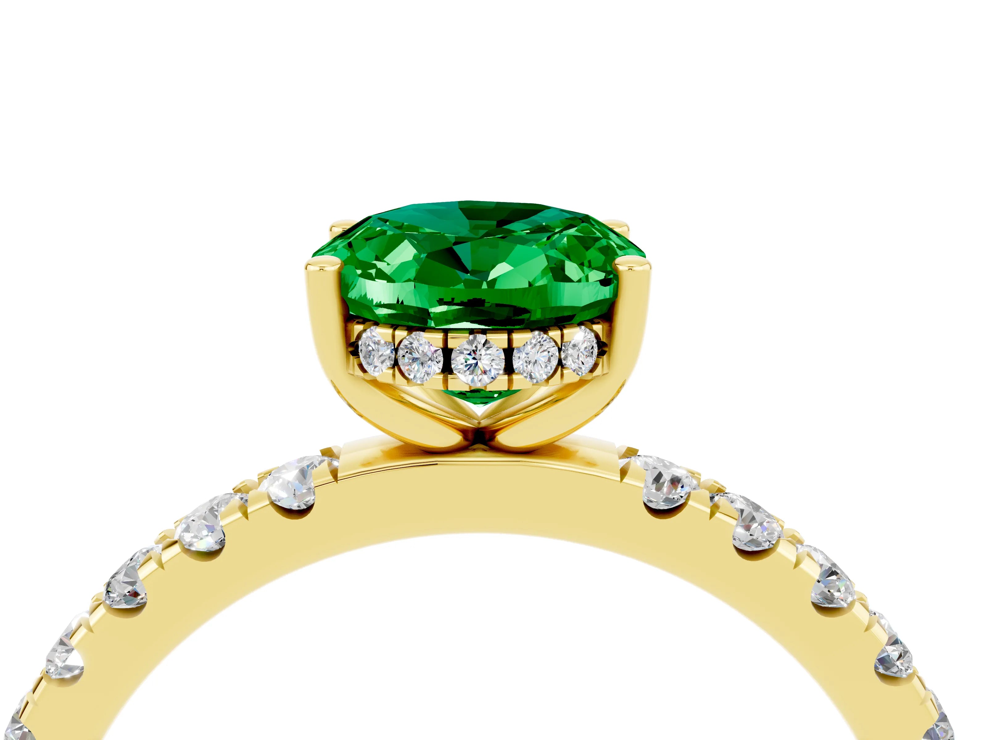 Yellow gold Oval Cut Emerald Pave Band Solitaire Ring with Four-Prong Setting_28