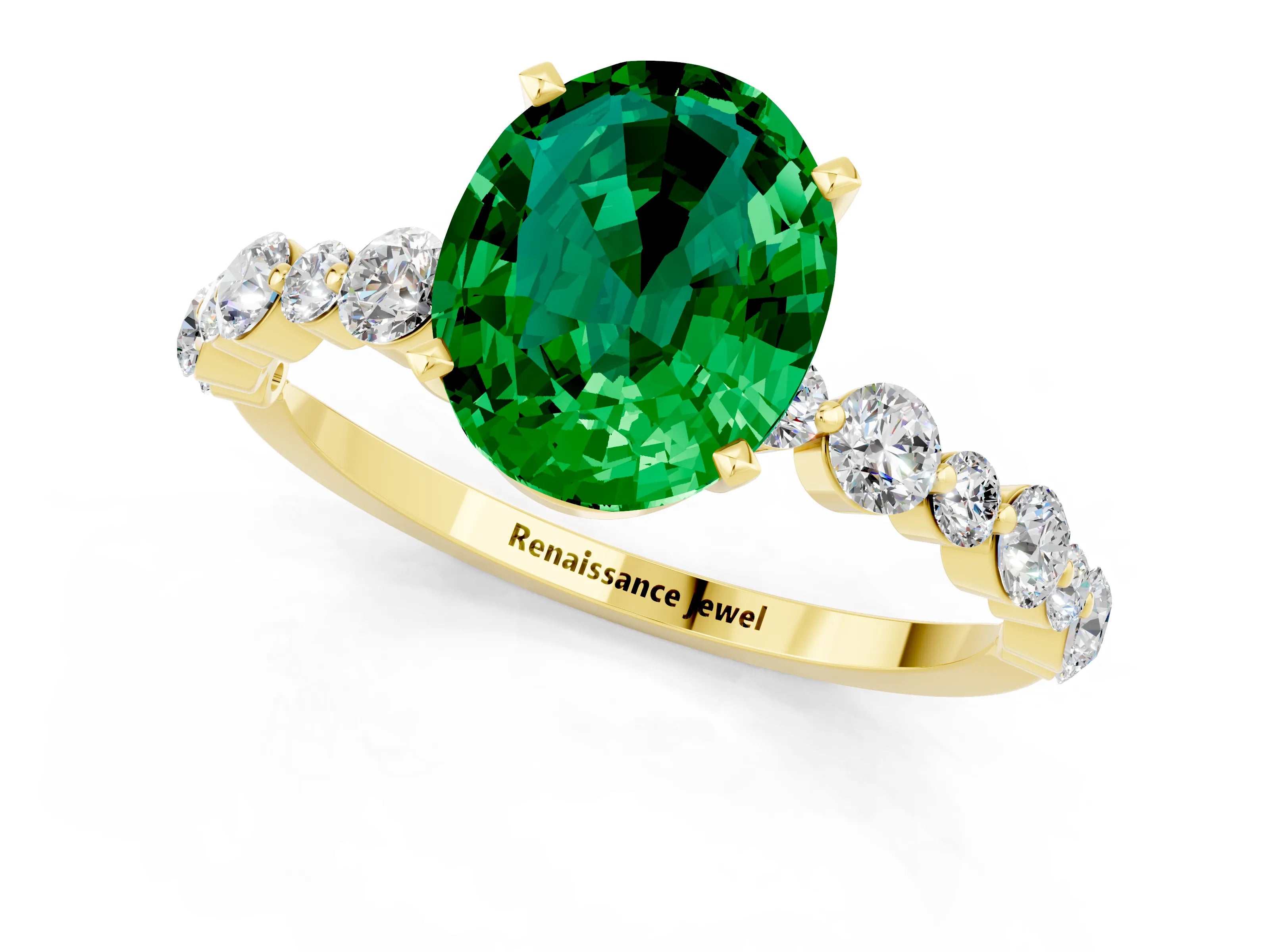 Yellow gold Oval Cut Emerald Prong Set Engagement Ring with Pavé Band_1