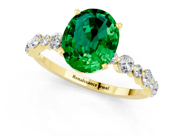Yellow gold Oval Cut Emerald Prong Set Engagement Ring with Pavé Band