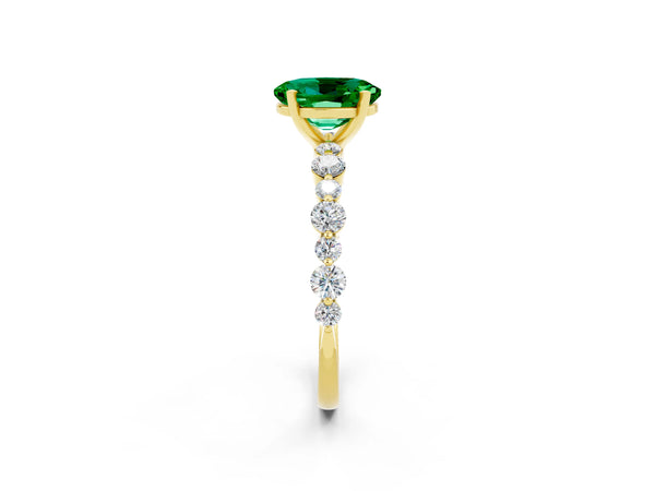 Yellow gold Oval Cut Emerald Prong Set Engagement Ring with Pavé Band