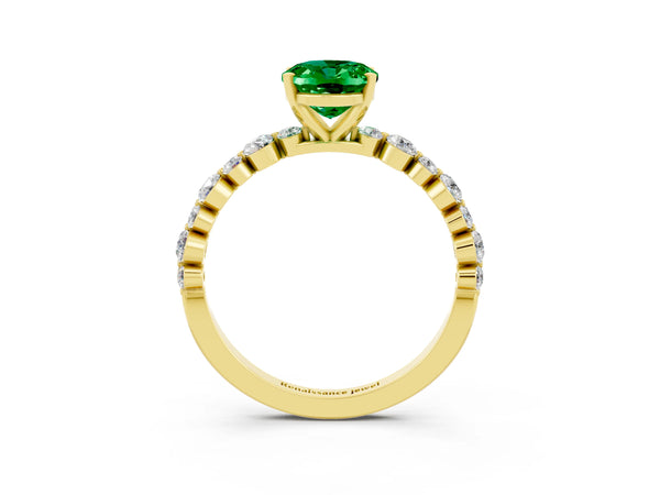 Yellow gold Oval Cut Emerald Prong Set Engagement Ring with Pavé Band