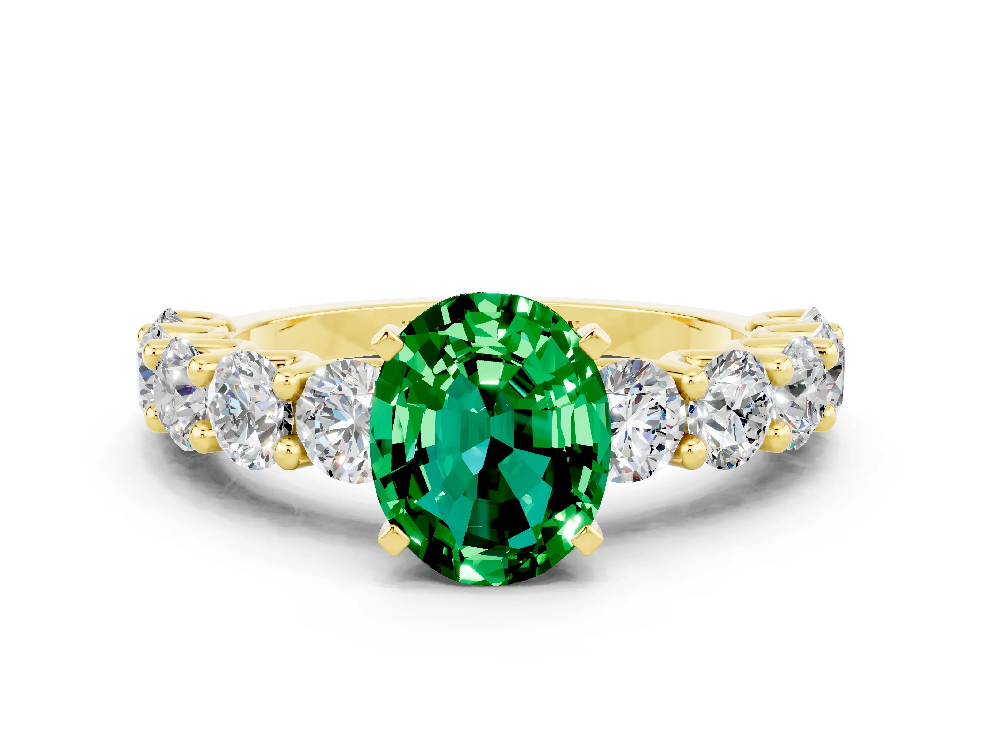 Yellow gold Oval Cut Emerald Prong Setting with Side Stones on a Pave Band