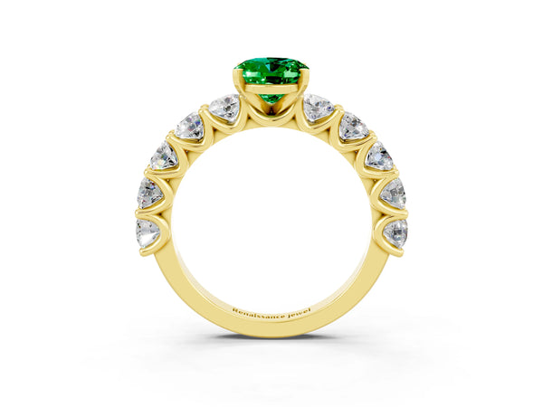 Yellow gold Oval Cut Emerald Prong Setting with Side Stones on a Pave Band