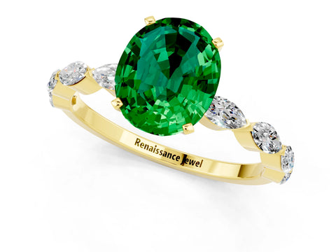 Yellow gold Oval Cut Emerald Ring with Marquise Side Stones and Prong Setting_1