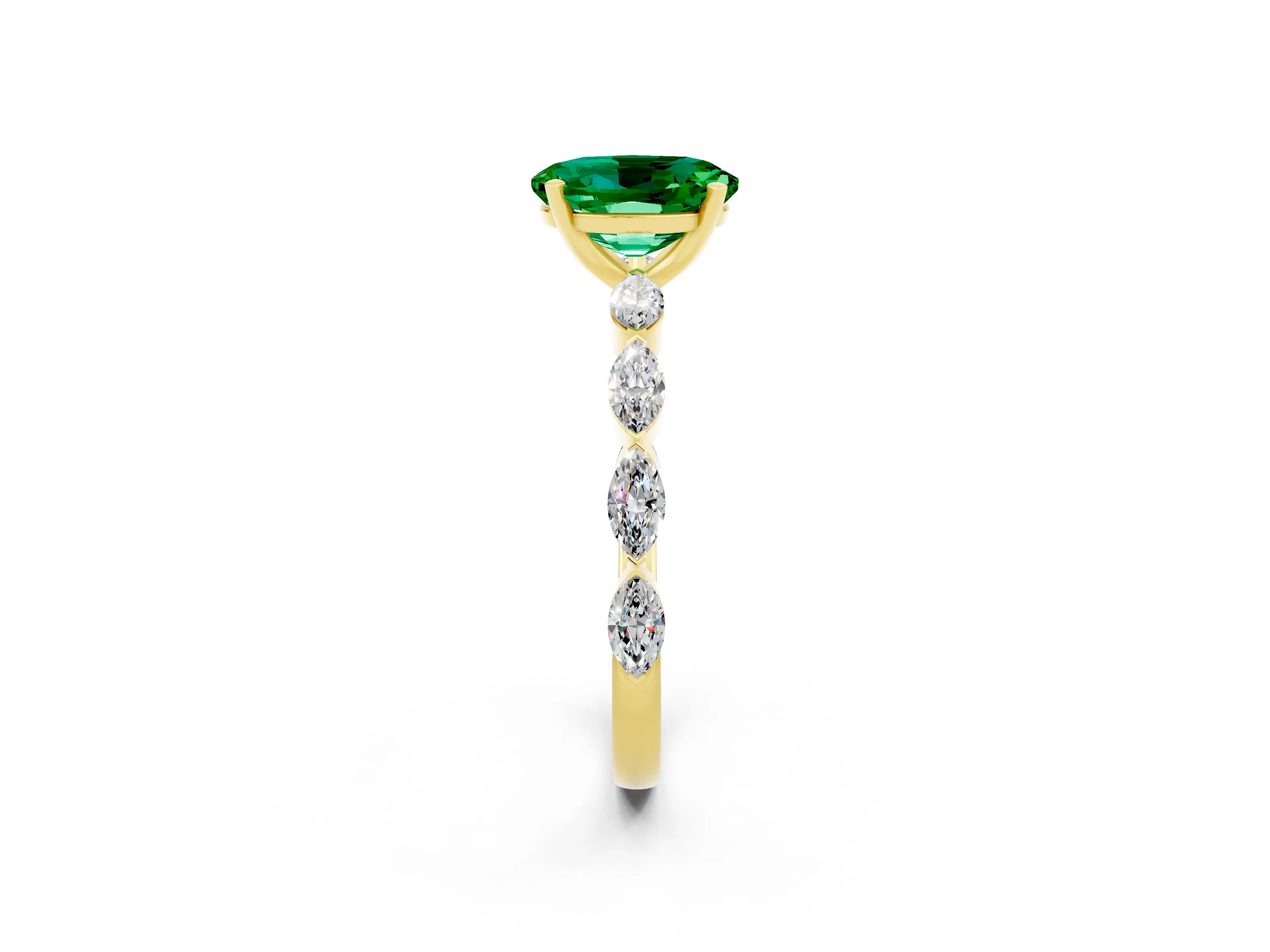 Yellow gold Oval Cut Emerald Ring with Marquise Side Stones and Prong Setting_2